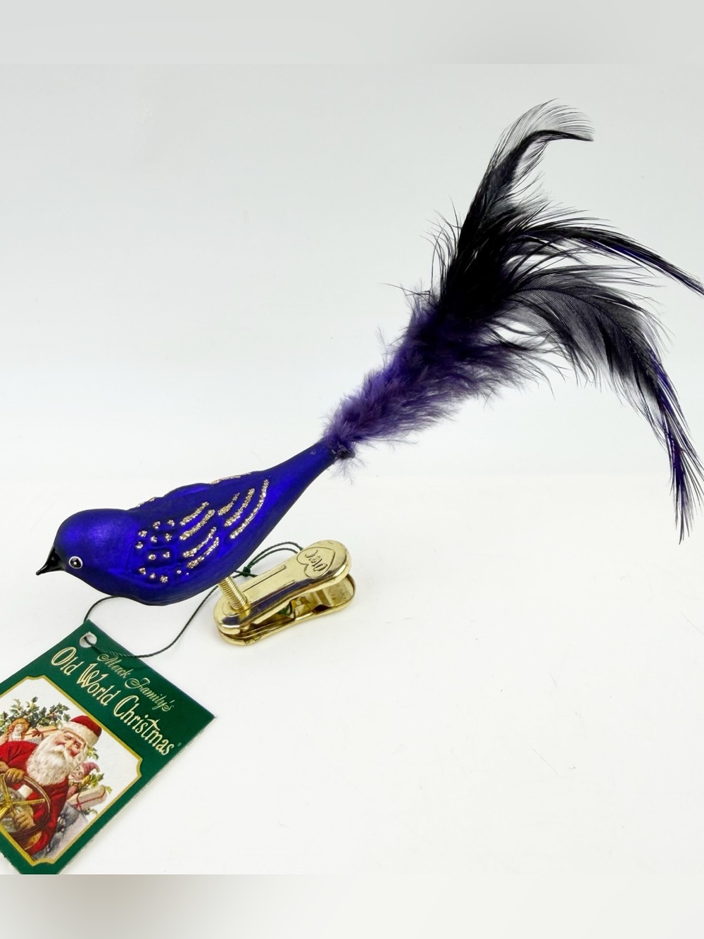 Old World Christmas Mini Bluebird Blown Glass Bird Ornament Feather Tail Tag New